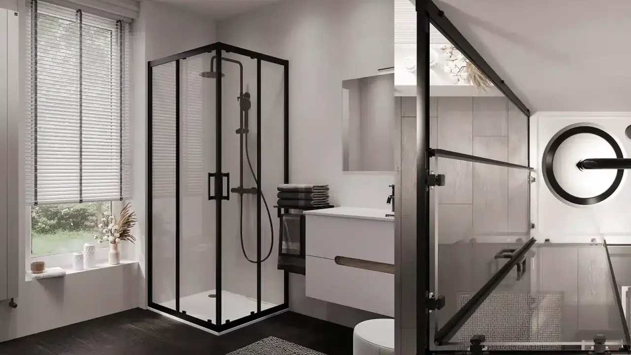 Bagno piccolo con doccia 2 mq, moderno e funzionale, con box nero, lavabo sospeso e finestra con tende a lamelle.