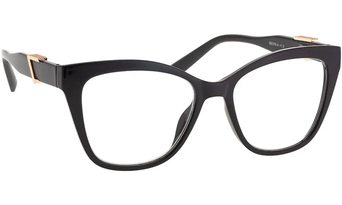 Eleganckie okulary do czytania w czarnej oprawce z złotymi zdobieniami. Czy okulary do czytania to plusy czy minusy? To zależy od potrzeb!