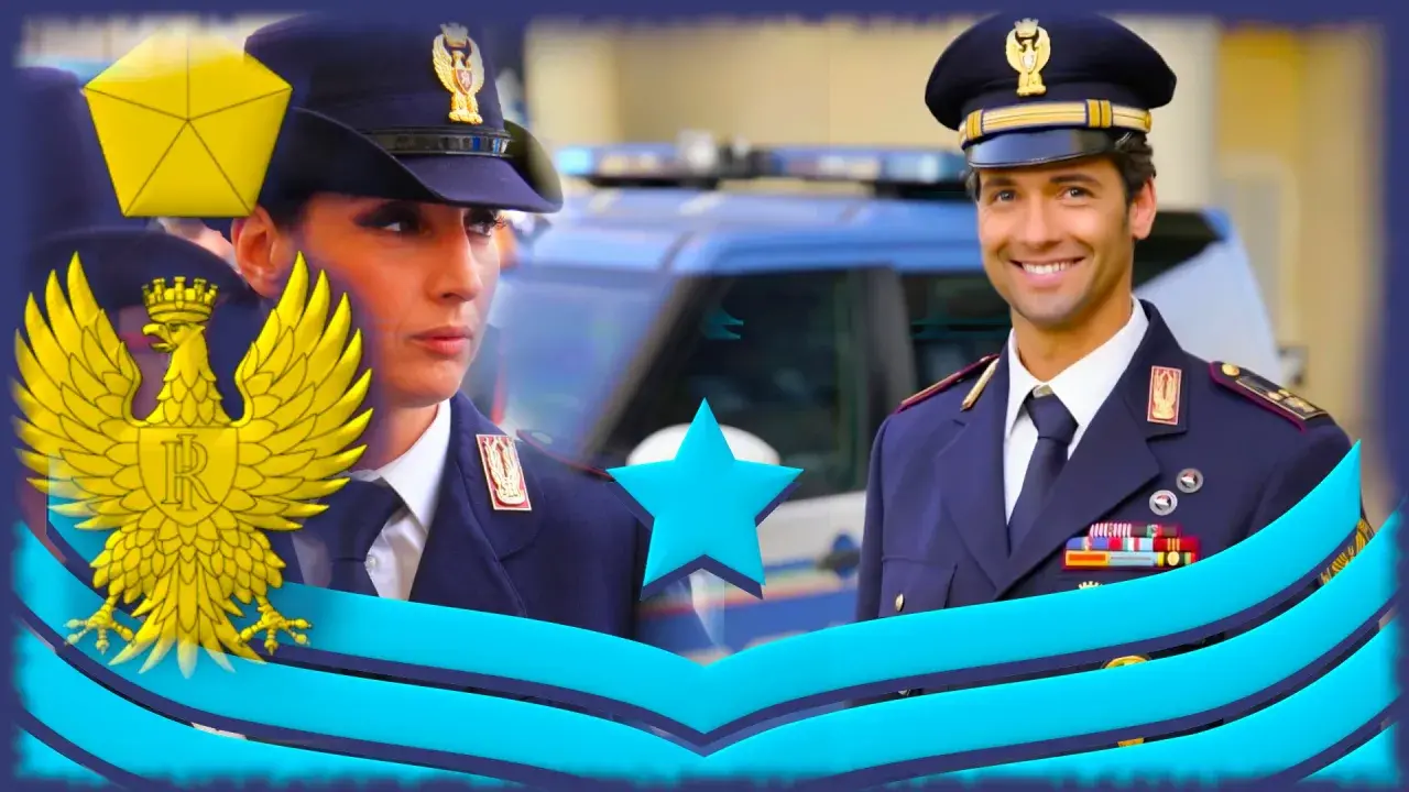 Un ispettore di polizia, uomo e donna, in uniforme, sorridono con orgoglio. Dietro di loro, un'auto di servizio.