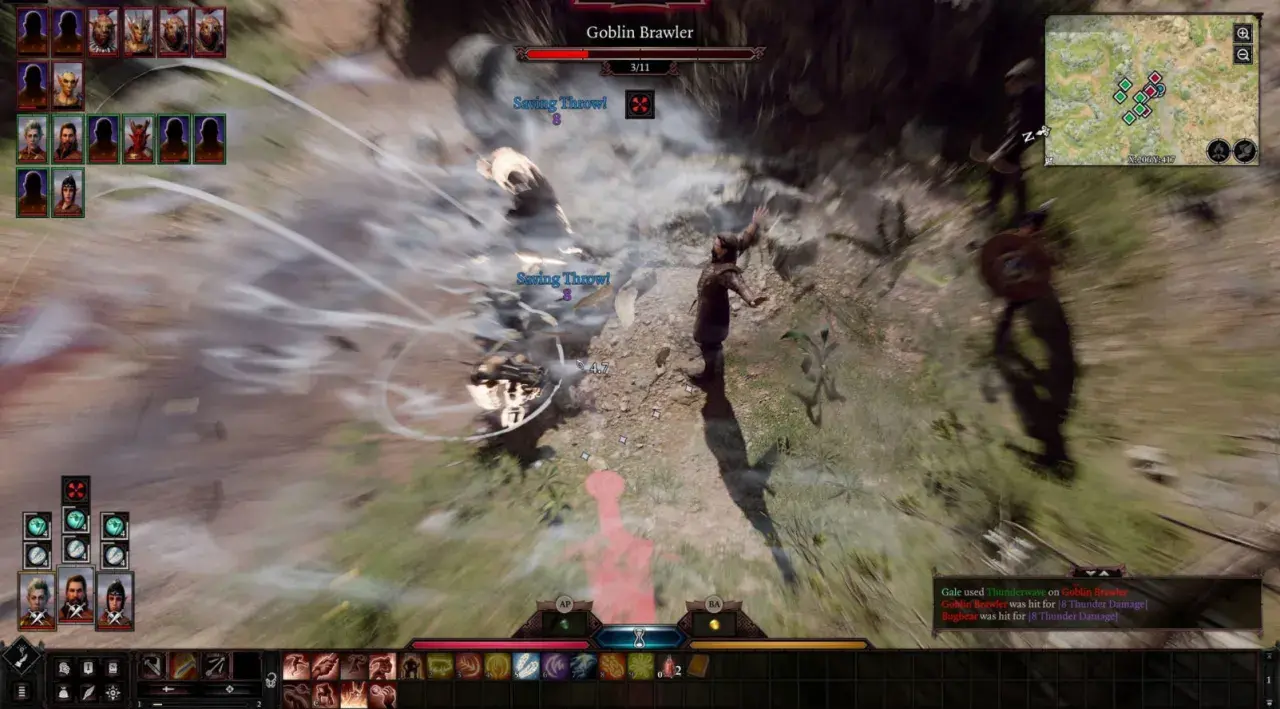 Combate en Baldur's Gate 3. Los requisitos del juego son altos, pero la acción vale la pena. ¡Un brawler goblin recibe daño!