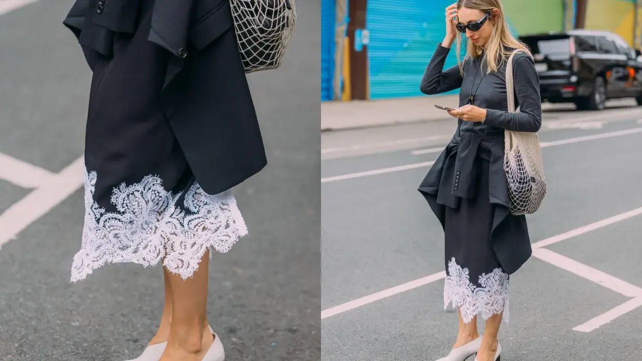 Elegancka koronkowa spódnica stylizacje z czarną marynarką i siatkową torbą. Kobieta w okularach przeciwsłonecznych i szarej bluzce z długim rękawem.