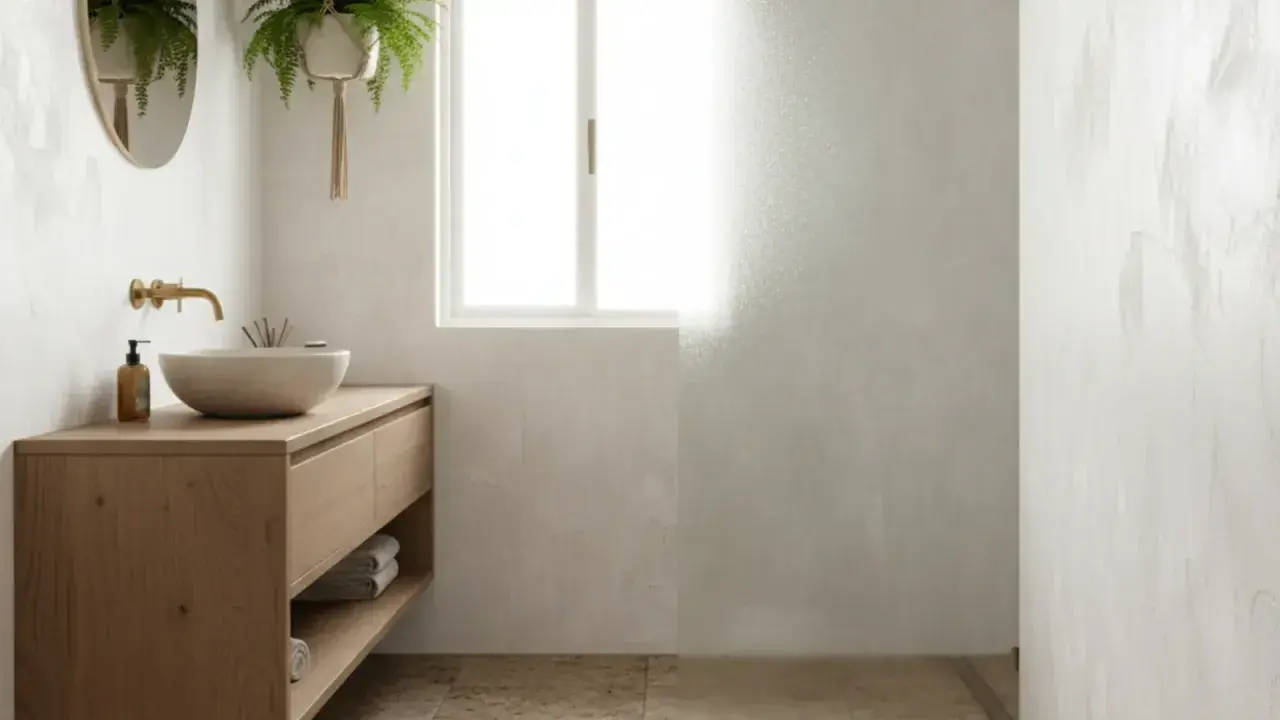 Salle de bain moderne avec meuble en bois, vasque en pierre et murs à l'effet peinture à la chaux subtil.