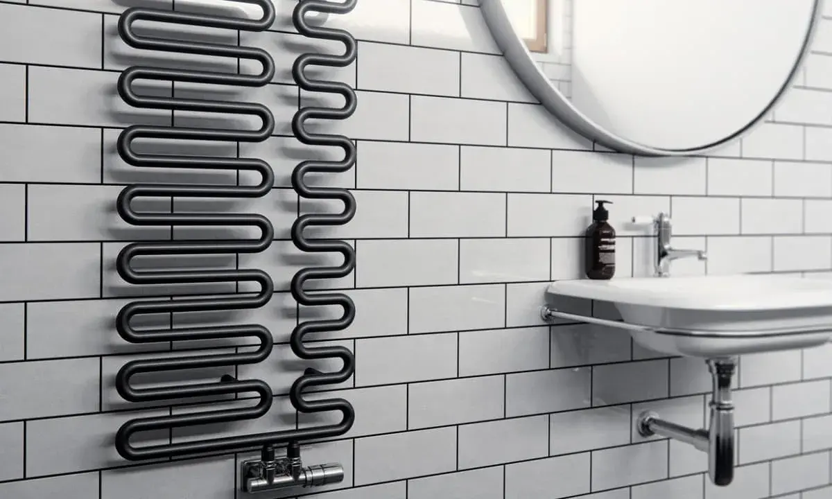 Radiador toallero negro con diseño ondulado, ideal para secar toallas o calentar el baño. Un radiador normal con estilo.