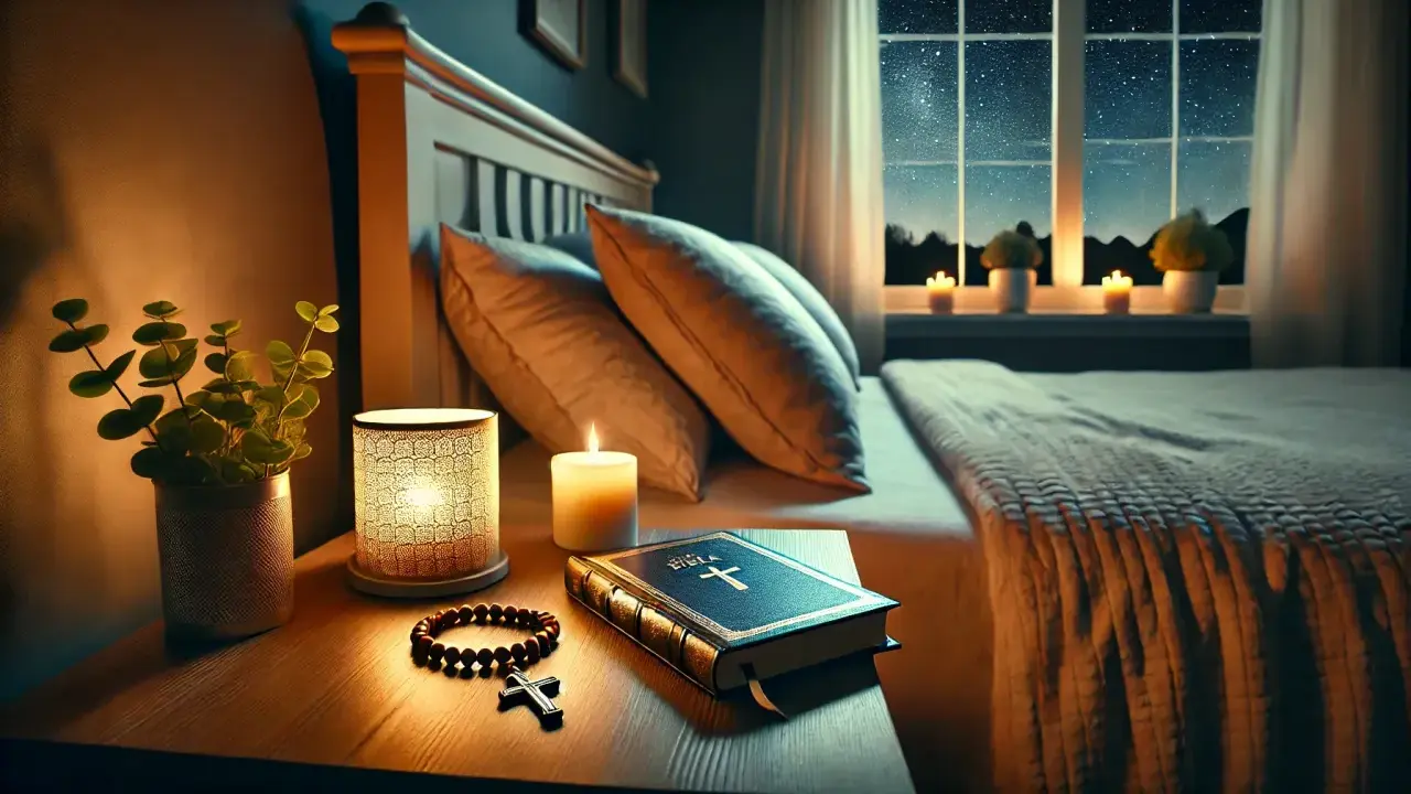 Na stoliku nocnym przy łóżku leży Biblia, różaniec i świeca. Gwiaździste niebo za oknem sprzyja wieczornej modlitwie.