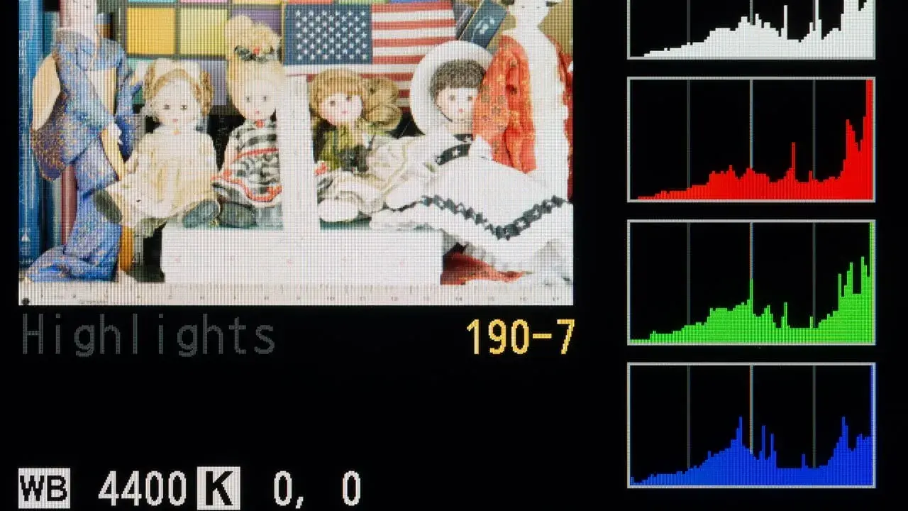 Histogram co to? Na ekranie aparatu: lalki, amerykańska flaga, paleta barw i wykresy RGB.