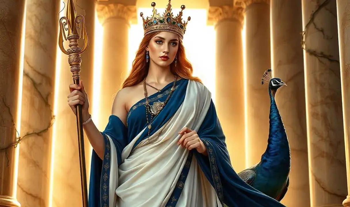 Hera, die Göttin, thront mit Krone und Dreizack, ein Pfau an ihrer Seite.