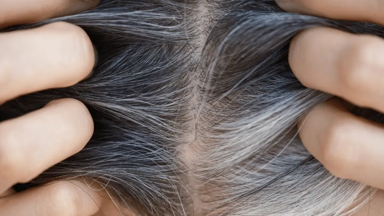 Nahaufnahme von grauen Haaren, die zeigen, ab wann man graue Haare bekommt. Hände trennen das Haar, um die Ansätze zu zeigen.