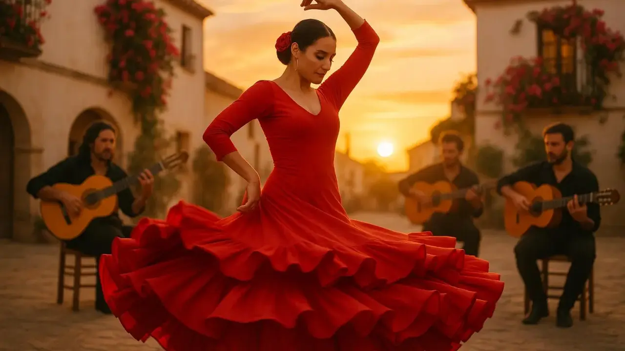 Tancerka w czerwonej sukni wiruje w rytm muzyki granej przez gitarzystów. Magiczny wieczór pełen pasji flamenco.