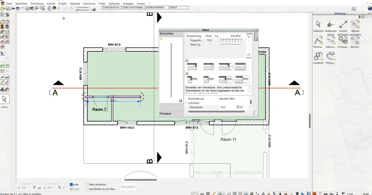 Fenster mit Wand-Eigenschaften, wo die tragende Wand dicke von 10 cm eingestellt wird.