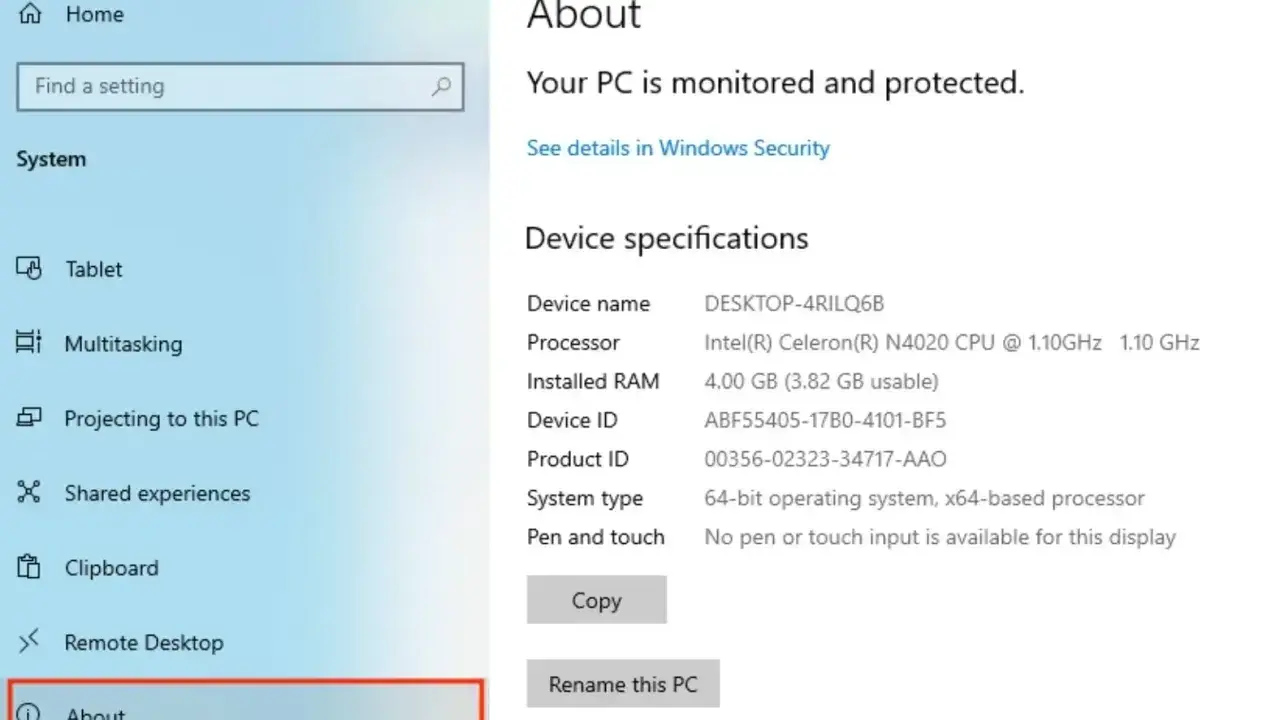 Jak sprawdzić podzespoły komputera? Widok "Informacje" w Ustawieniach Windows pokazuje specyfikacje urządzenia: procesor Intel Celeron, 4 GB RAM.