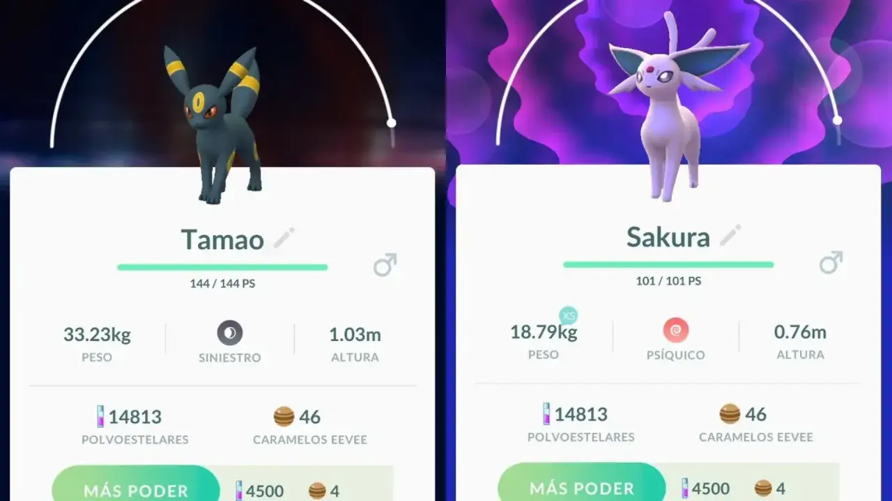 Umbreon y Espeon de Pokémon GO, con sus estadísticas y nombres.