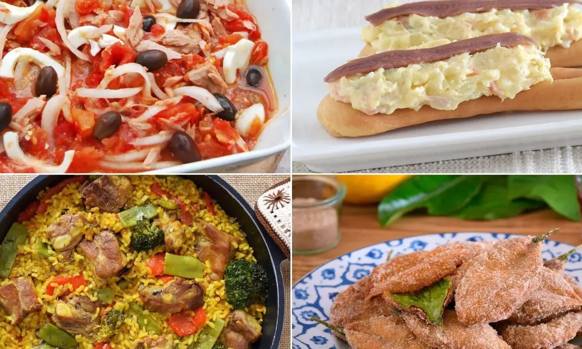 Cuatro platos de comida típica de Murcia: ensalada murciana, montaditos, arroz y pimientos fritos.