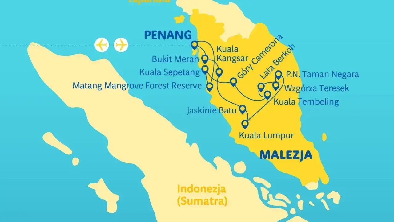 Mapa pokazuje, gdzie leży Malezja, z zaznaczonymi trasami podróży przez Penang, Kuala Lumpur i parki narodowe.