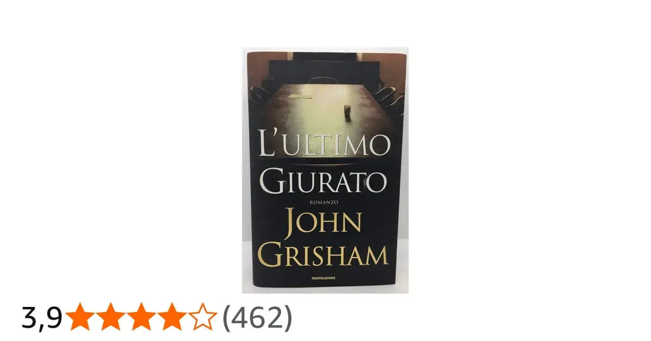 Copertina del libro "L'ultimo giurato", ultimo libro di John Grisham, con un tavolo da riunione e sedie.