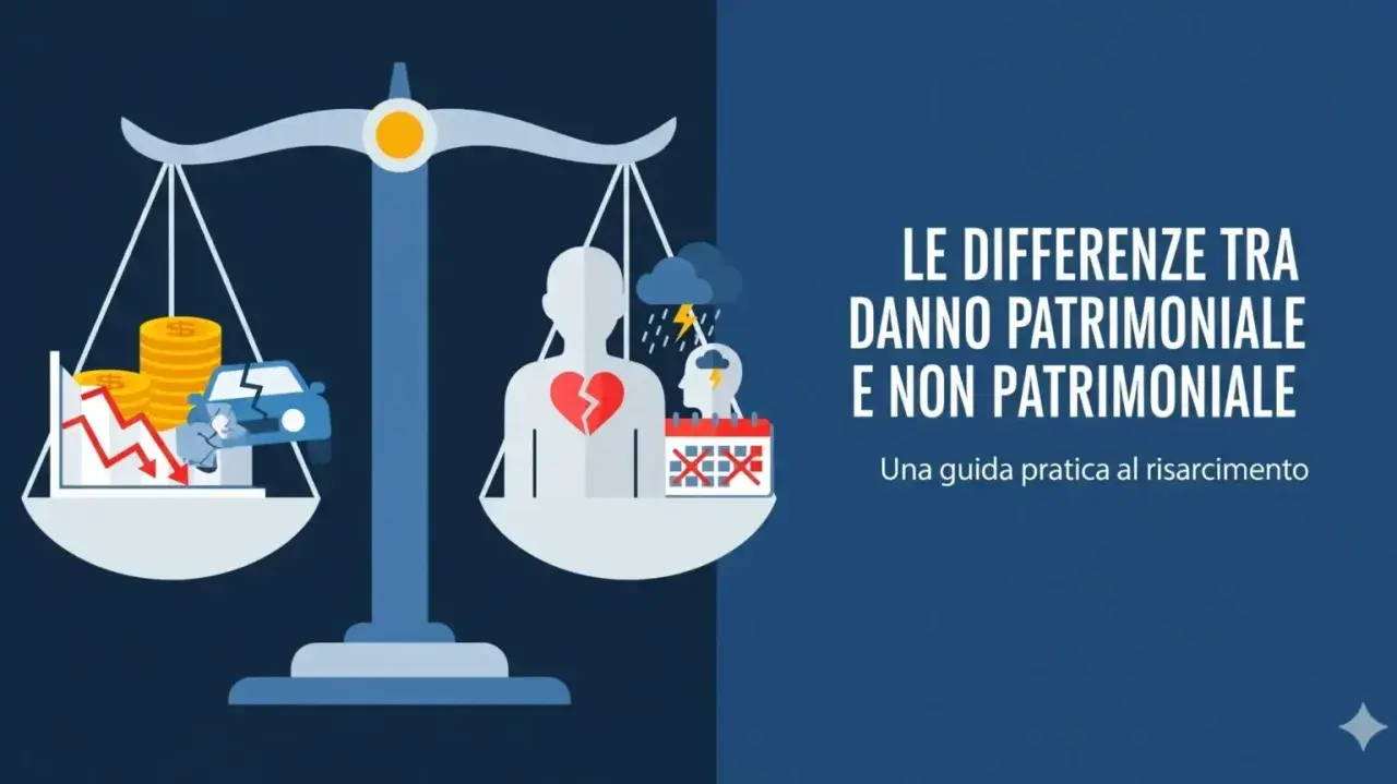 Bilancia che confronta danno patrimoniale (auto distrutta, soldi in calo) e danno non patrimoniale (cuore spezzato, stress, tempo perso).
