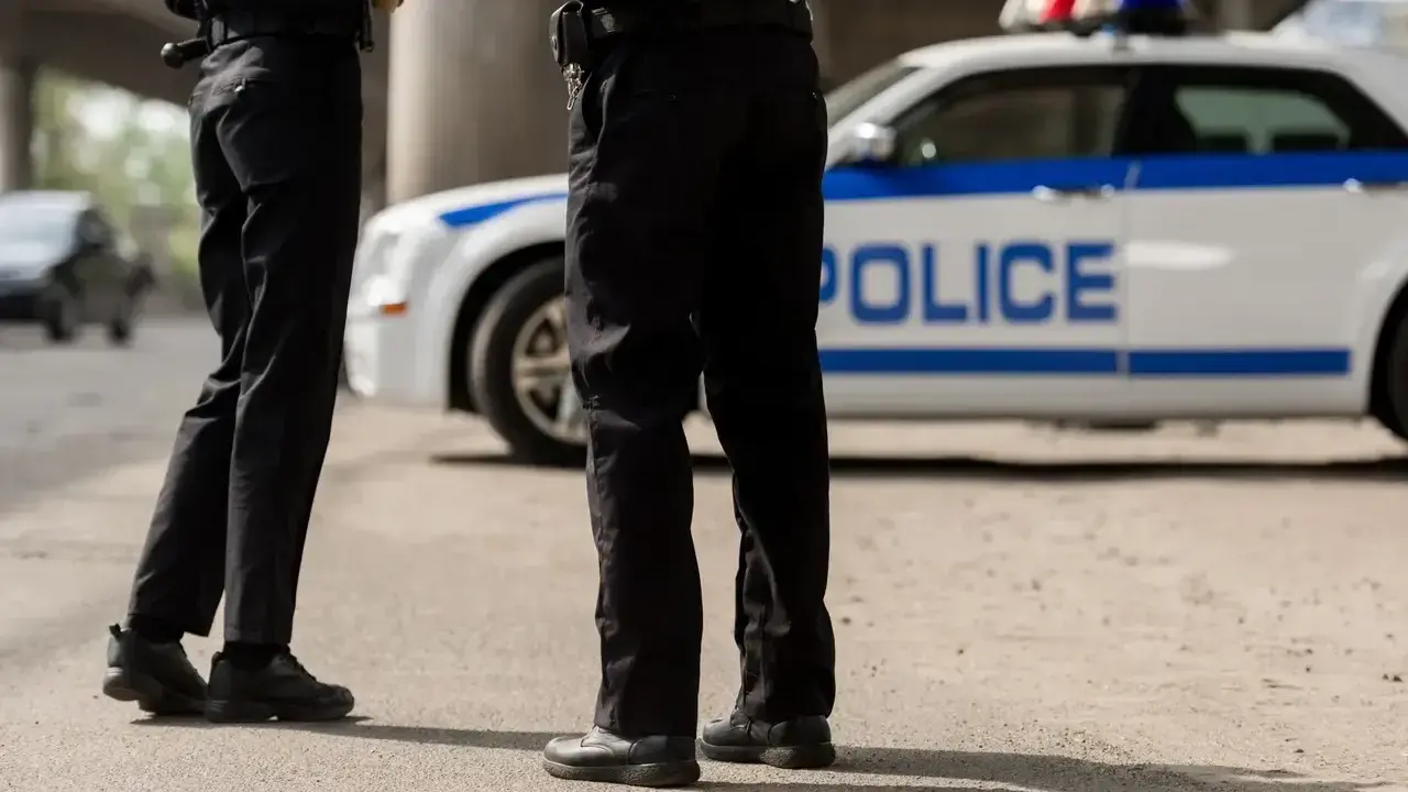 Dwóch policjantów stoi obok radiowozu.
