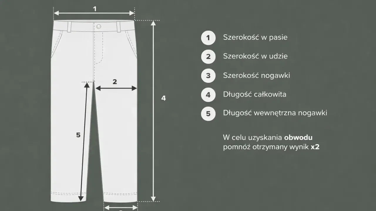 Schemat spodni z wymiarami: 1 - szerokość w pasie, 2 - szerokość w udzie, 3 - szerokość nogawki na dole, 4 - długość całkowita, 5 - długość wewnętrzna nogawki.