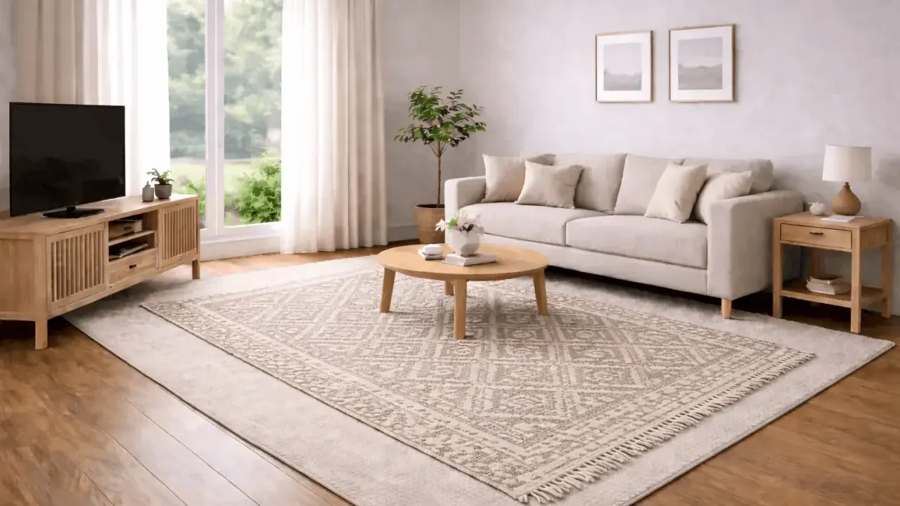 Vardagsrum med soffa, soffbord och TV-bänk. En stor, mönstrad matta ligger ovanpå en större, enfärgad matta.