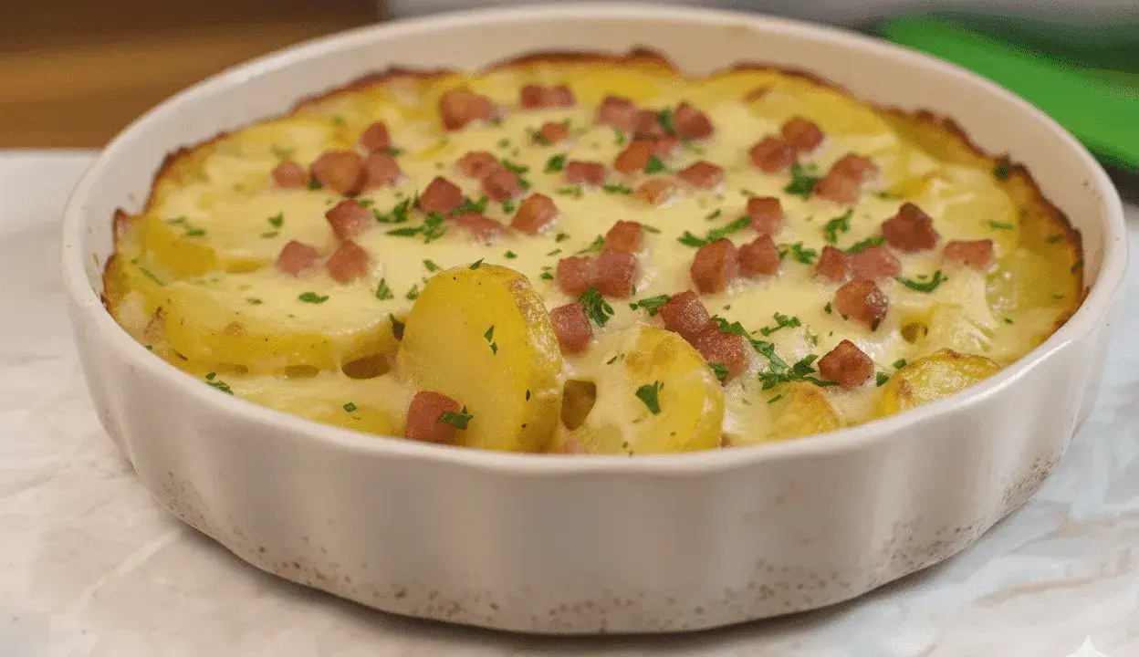 Plat gratiné de pommes de terre, lardons et persil, prêt à déguster. Une délicieuse truffade recette.