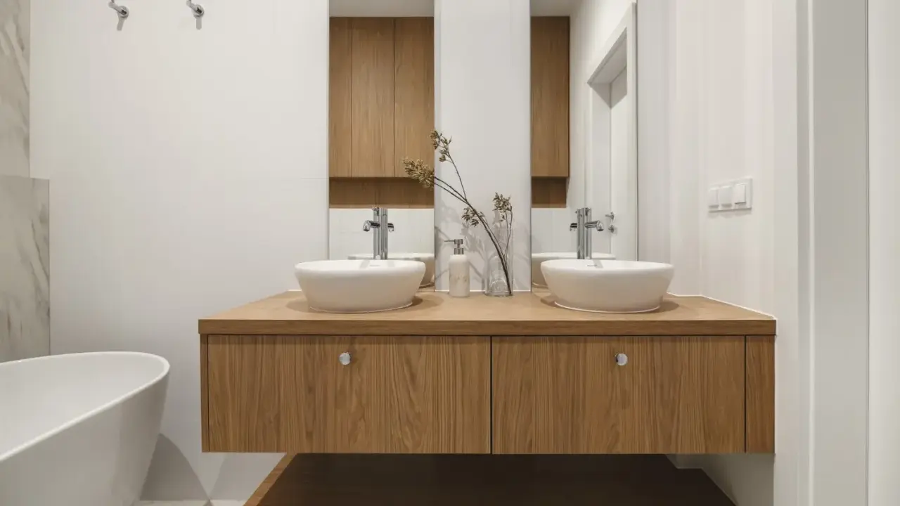 Nowoczesna łazienka z dwoma umywalkami na drewnianej szafce. Minimalistyczny design, białe ceramika i ciepłe drewno tworzą harmonijną przestrzeń.
