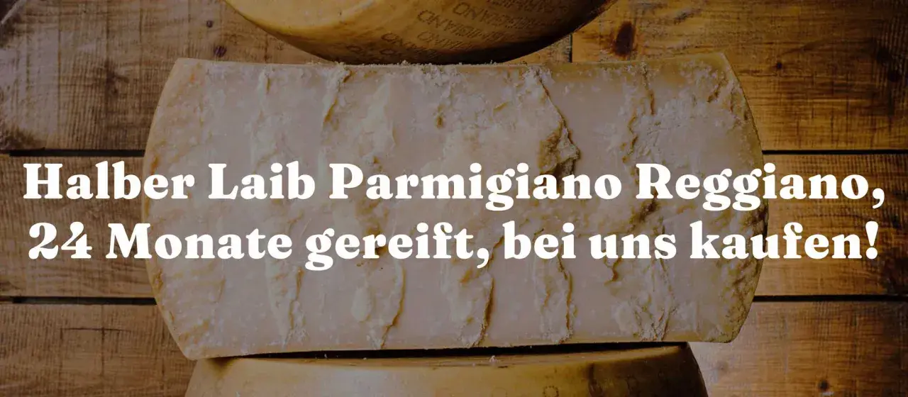 Halber Laib Parmigiano Reggiano, 24 Monate gereift. Was ist Parmesan? Ein Stück italienischer Genuss!