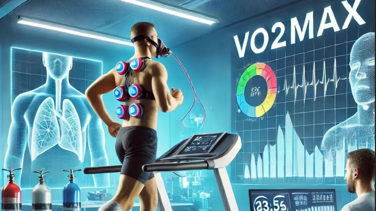 Läufer auf Laufband mit Maske und Sensoren zur Messung des VO2max. Grafiken zeigen Lunge und Herzfrequenz.