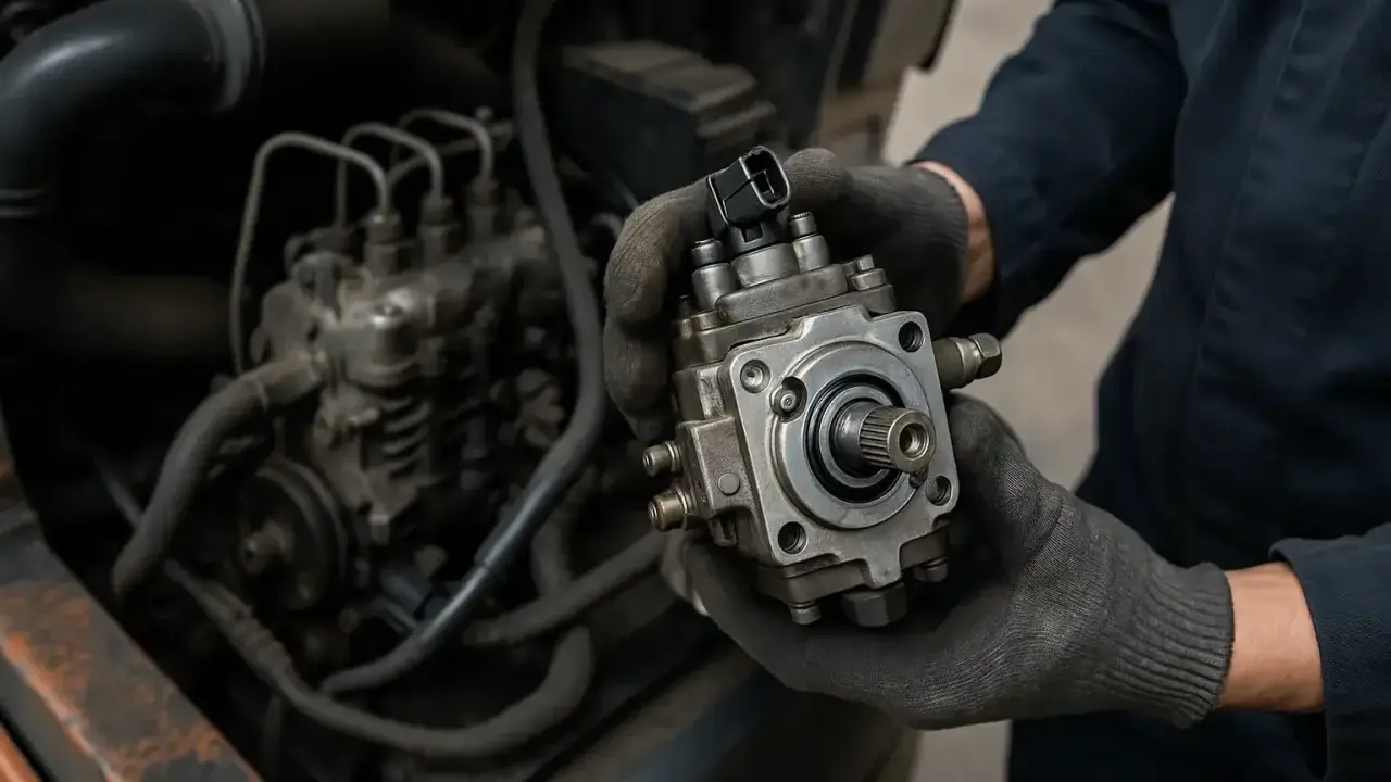 Mechanik w rękawiczkach trzyma rozdzielaczową pompę wtryskową na tle silnika.