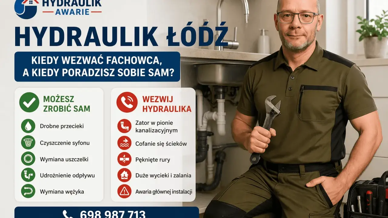 Hydraulik w Łodzi z kluczem w dłoni, obok zlew i instrukcja, kiedy wezwać pomoc, a kiedy naprawić drobne usterki, np. kapiący kran.