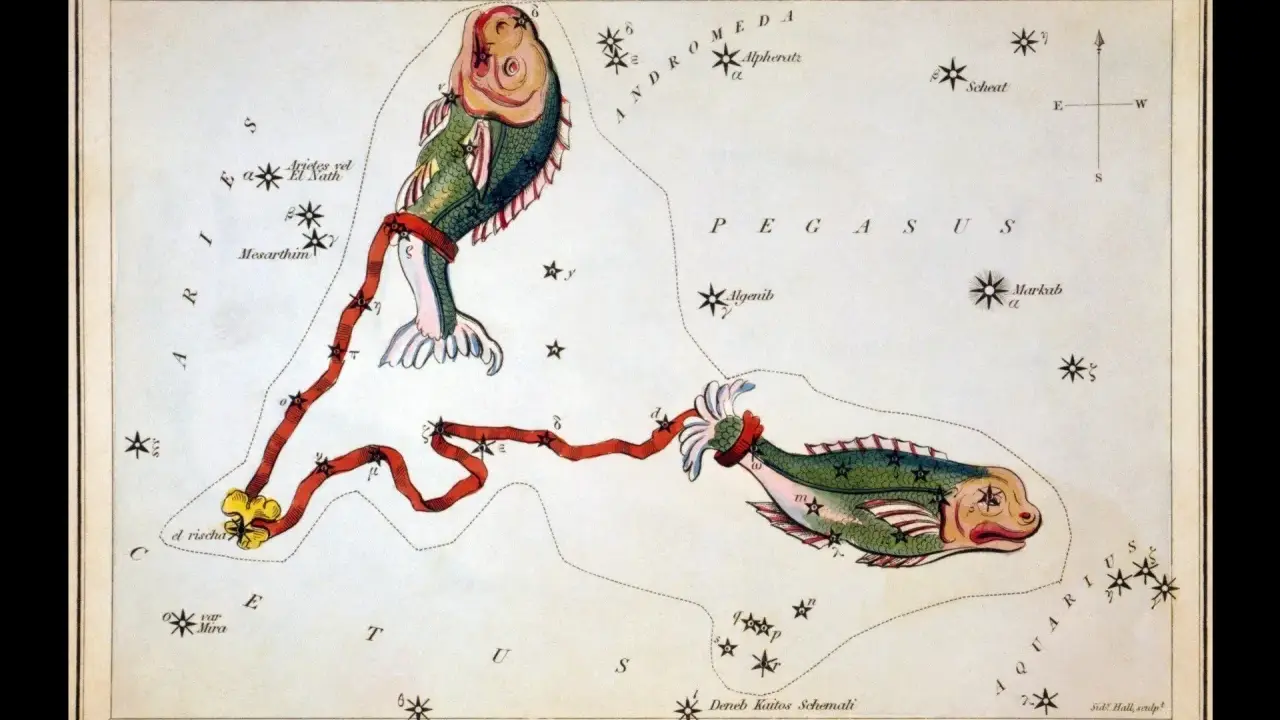 Stara mapa gwiazd przedstawia konstelację Ryb, symbolizującą horoskop Ryby. Zdrowie i dobre samopoczucie są kluczowe dla tego znaku zodiaku.
