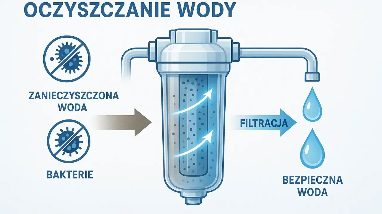 Schemat pokazuje proces uzdatniania wody pitnej. Zanieczyszczona woda z bakteriami przechodzi przez filtr, gdzie następuje filtracja, a na końcu otrzymujemy bezpieczną wodę.