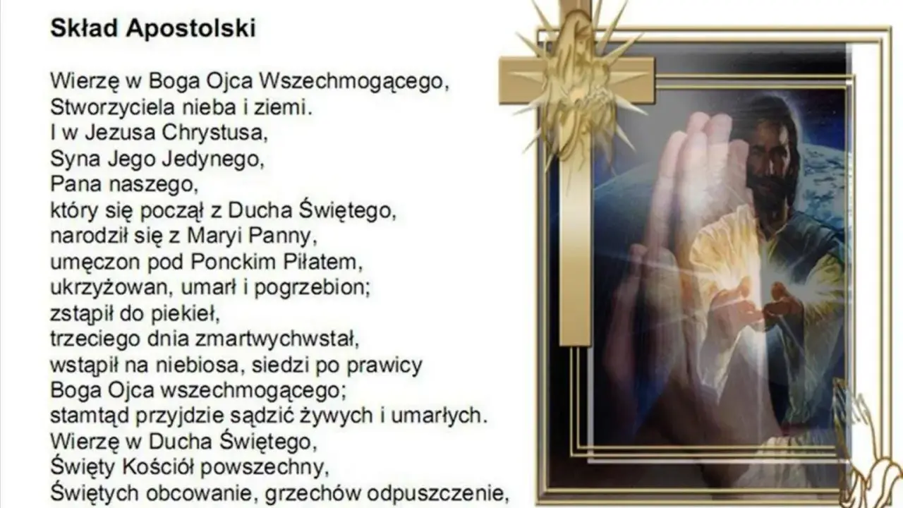 Tekst modlitwy "Wierzę w Boga Ojca Wszechmogącego" z wizerunkiem Jezusa.
