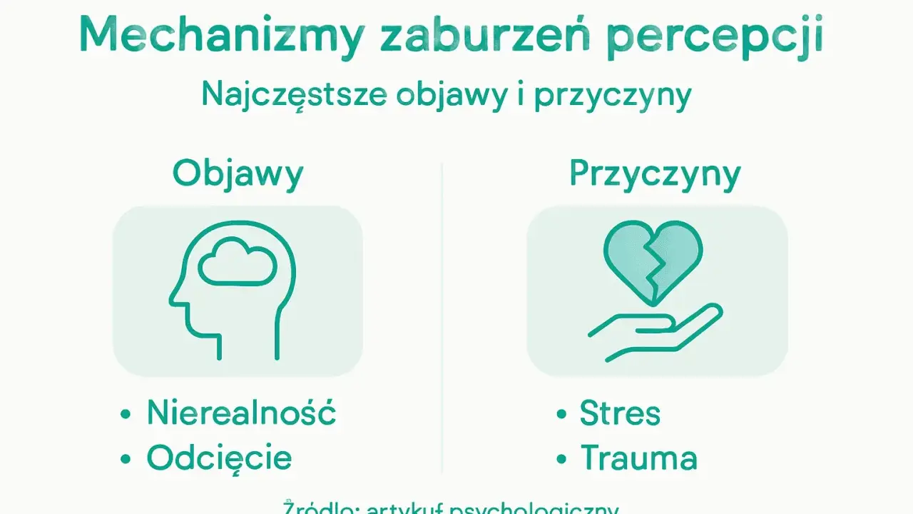 Zaburzenia percepcji: objawy (nierealność, odcięcie) i przyczyny (stres, trauma).
