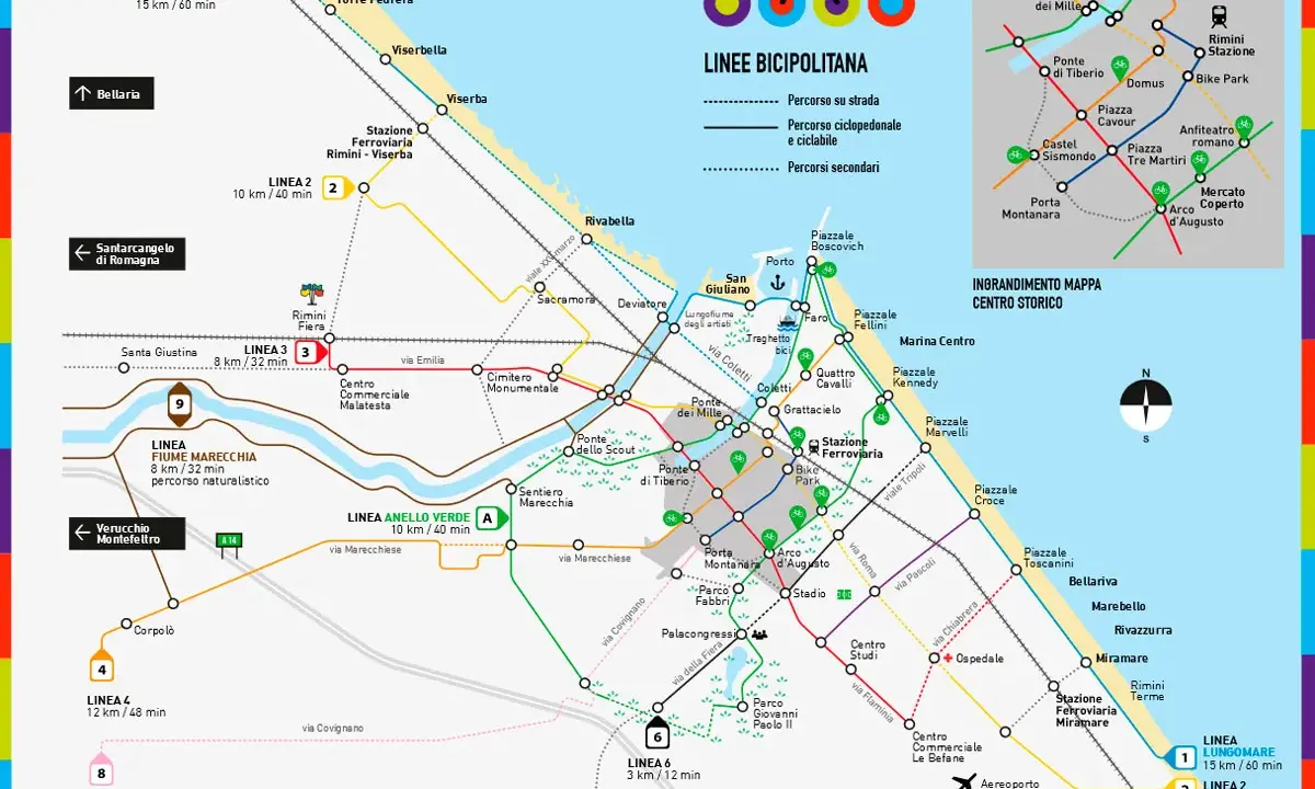 Mappa della pista ciclabile di Rimini con linee colorate che indicano percorsi, fermate e distanze.