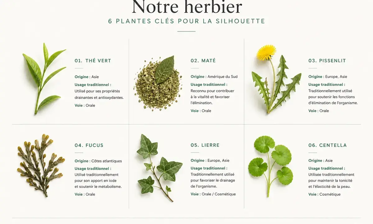 Plantes pour la silhouette : thé vert, maté, pissenlit, fucus, lierre, centella. La phytothérapie pour perdre du poids utilise ces plantes pour leurs bienfaits.