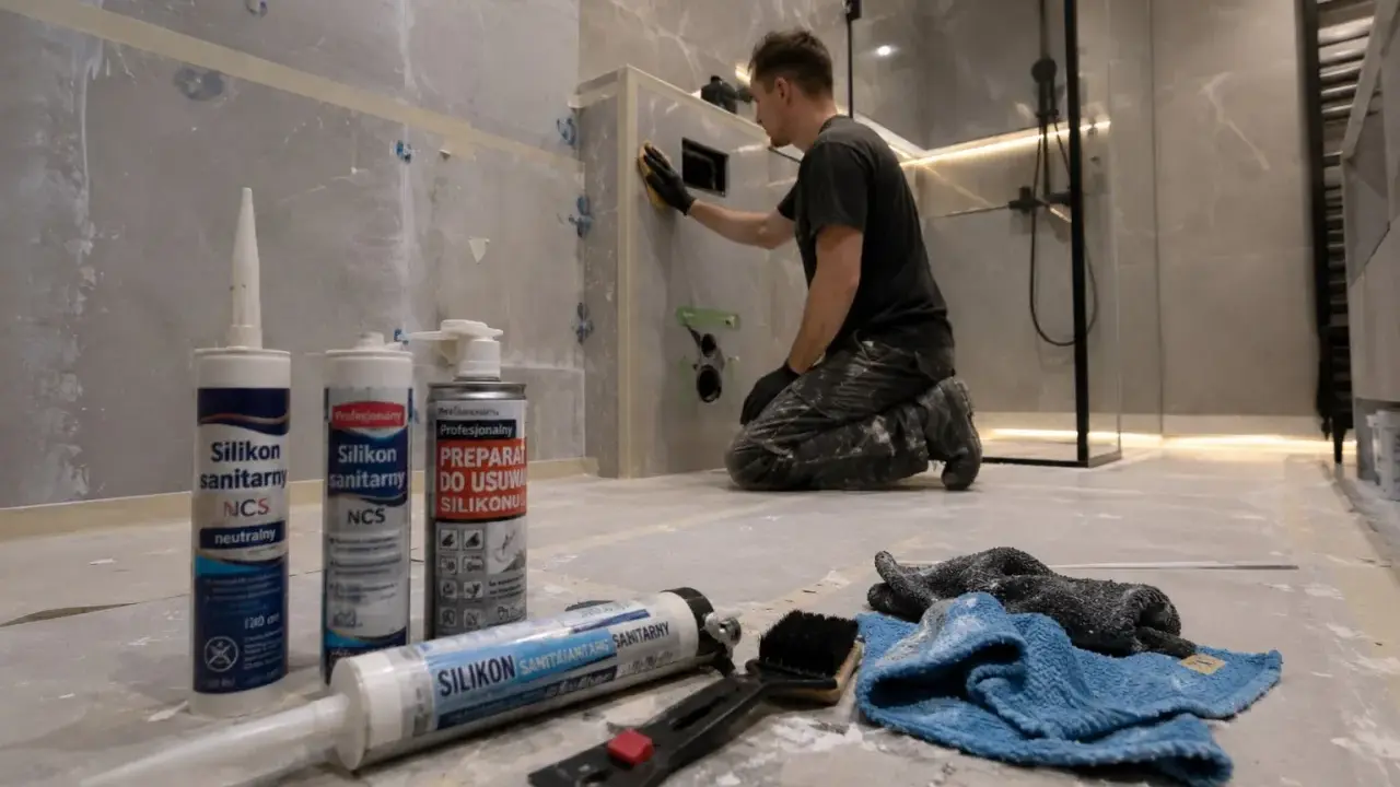 Narzędzia do usuwania silikonu sanitarnego i preparat do rozpuszczania silikonu. W tle mężczyzna pracuje przy łazience.