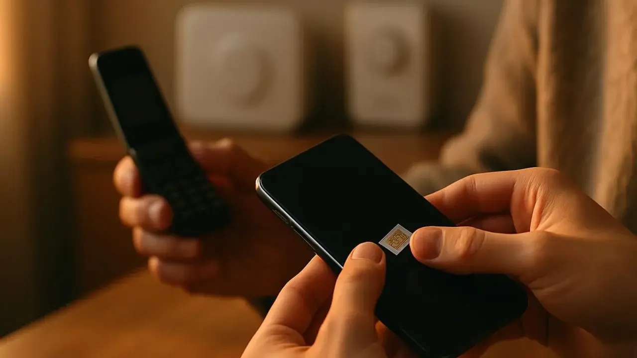 En person håller en smartphone med ett SIM-kort, redo för telia 3g. En äldre mobiltelefon syns i bakgrunden.