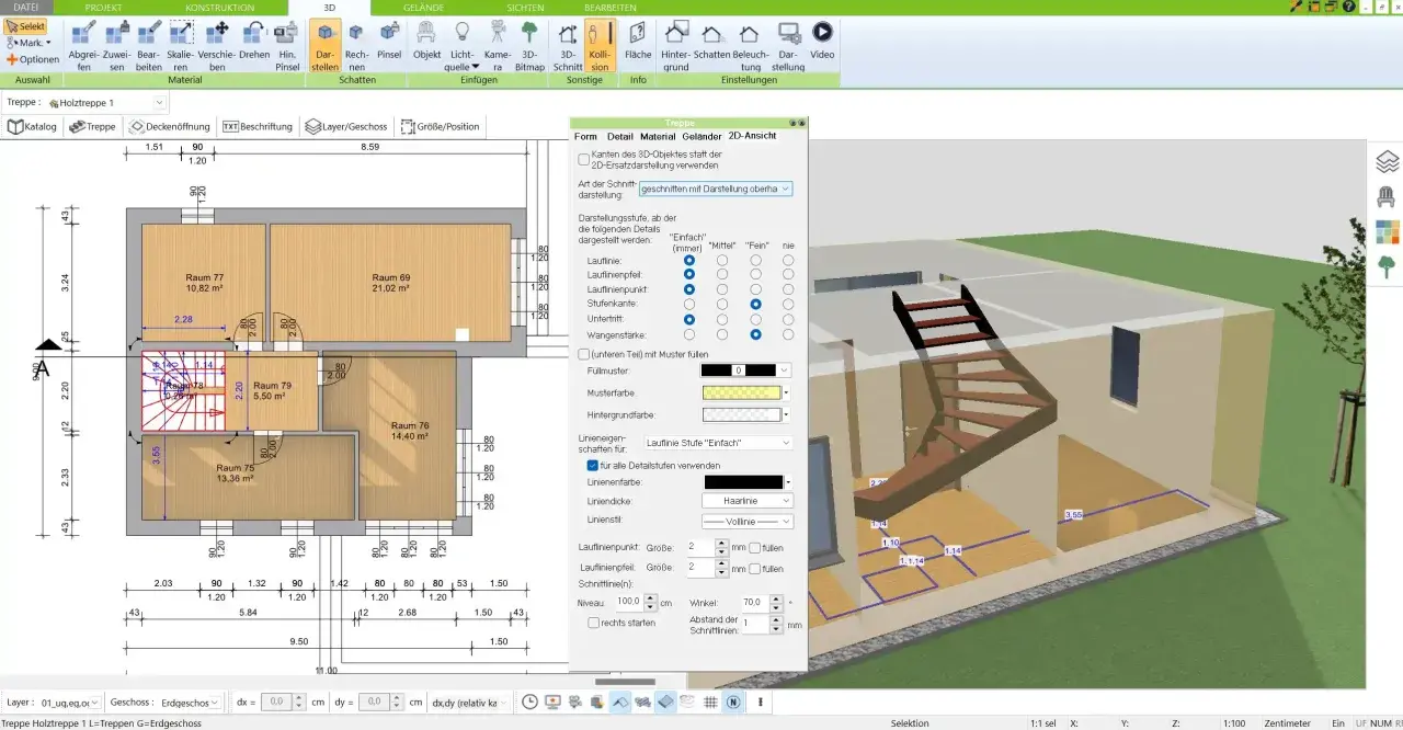 Eine Holztreppe wird in einem 2D-Grundriss und 3D-Modell gezeichnet. Die Einstellungen für die Treppendarstellung sind sichtbar.
