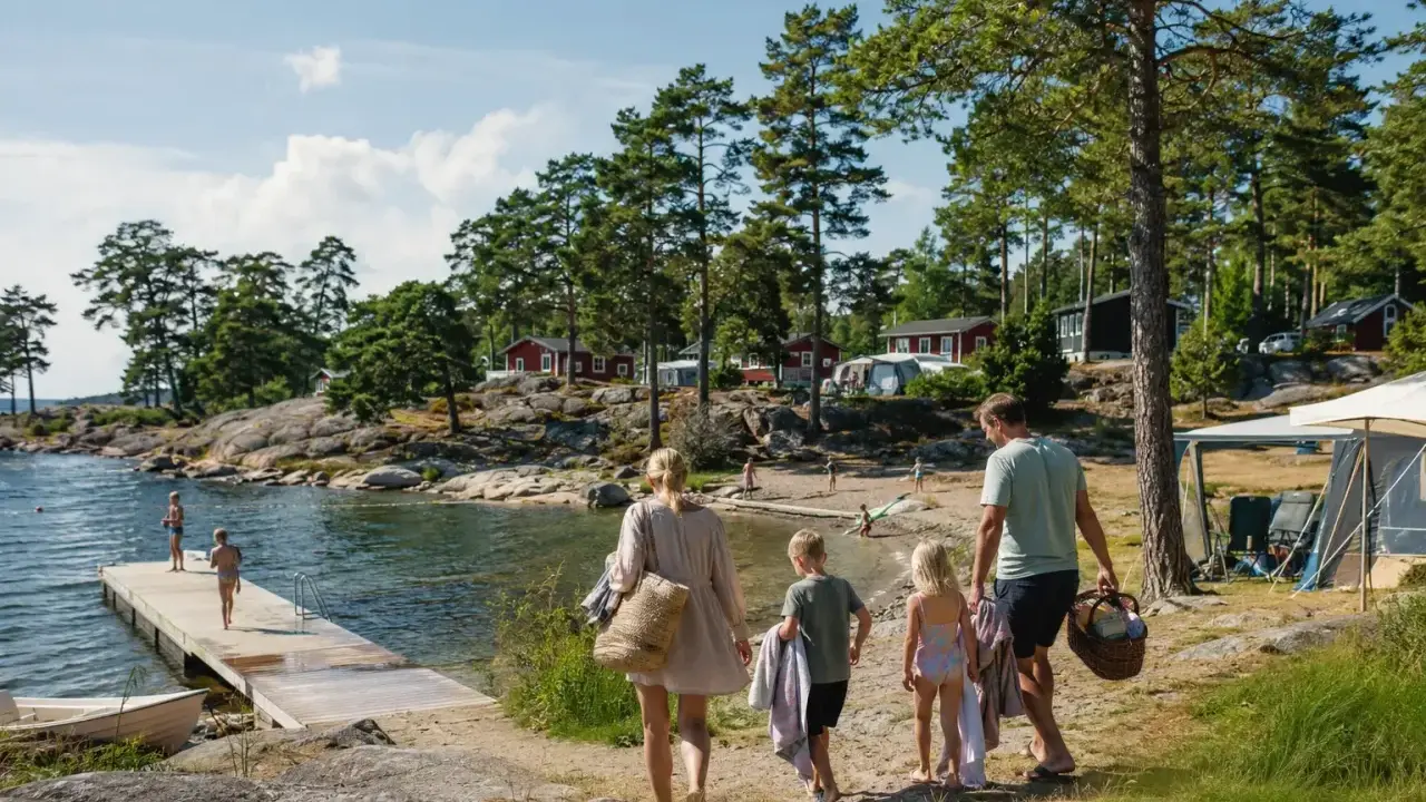 Familj på väg mot vattnet för roliga aktiviteter barn. Soligt, skärgårdsmiljö med röda stugor och camping.