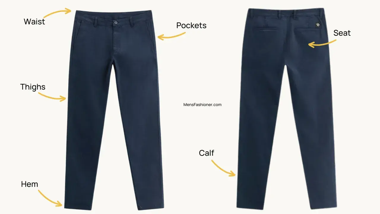Front and back views of navy blue chino pants, highlighting waist, thighs, pockets, seat, calf, and hem.