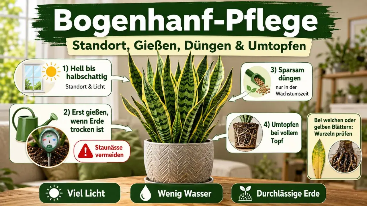 Bogenhanf-Pflege: Heller Standort, Erde trocknen lassen, sparsam düngen, Staunässe vermeiden. Viel Licht, wenig Wasser, durchlässige Erde.