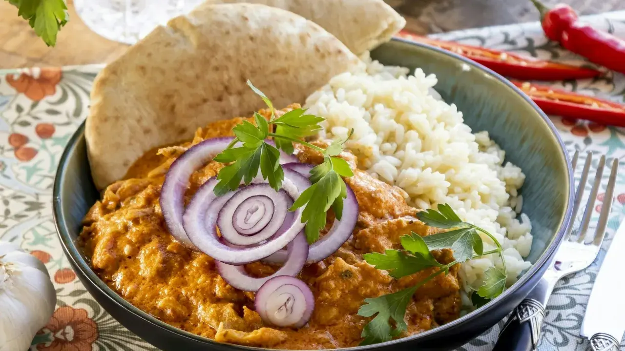 En krämig kycklingrätt med ris, naanbröd och rödlök. Ett perfekt middagstips vardag för hela familjen.