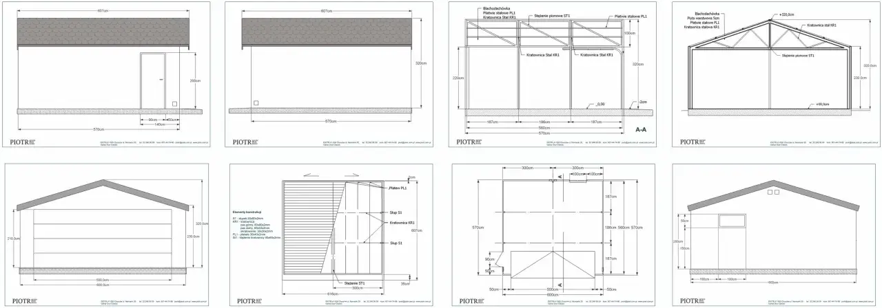 Rysunki techniczne garażu z płyty warstwowej: przekroje, elewacje i detale konstrukcyjne. Projekt garażu z płyty warstwowej.