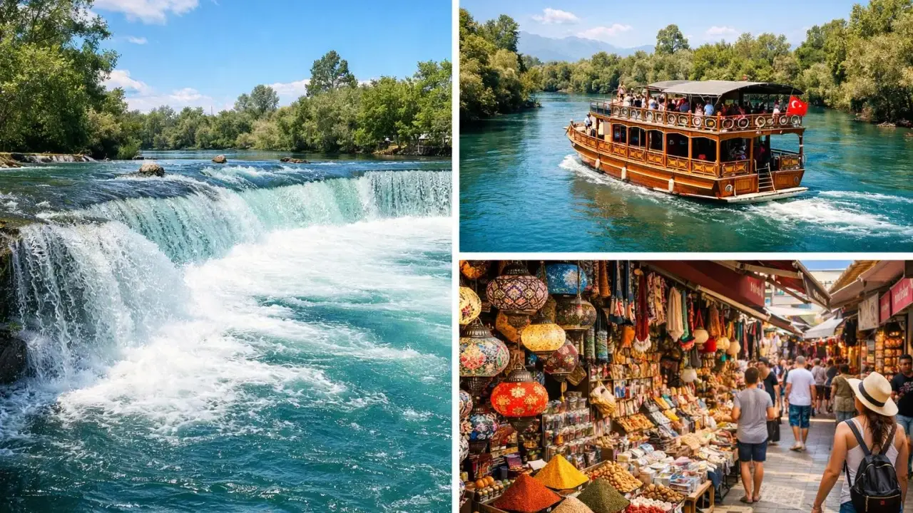 Alanya wodospady, rzeka z łodzią i kolorowy bazar.