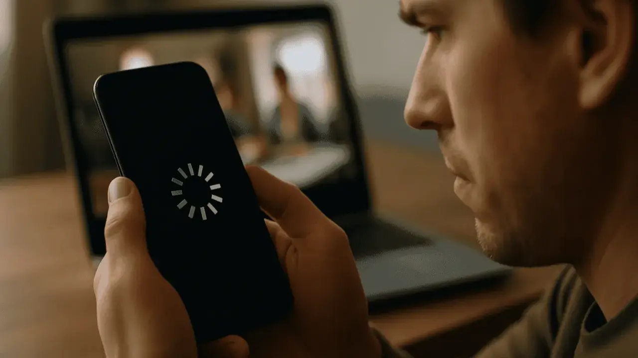 Mann schaut frustriert auf sein Handy mit Ladekreis. Warum ist mein Internet so langsam Handy?