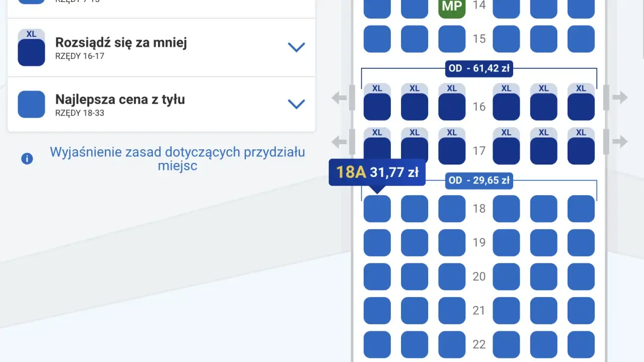 Wybierz miejsce w samolocie Ryanair, przeglądając dostępne opcje, np. "Rozsiądź się za mniej" lub "Najlepsza cena z tyłu".