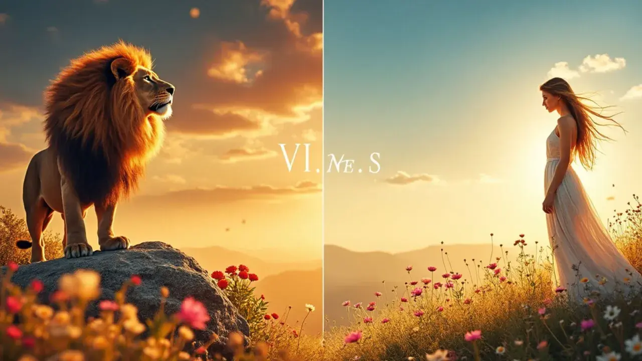 Lion majestueux sur un rocher, symbole mois d'août. À droite, une femme en robe blanche dans un champ de fleurs sous un ciel doré.