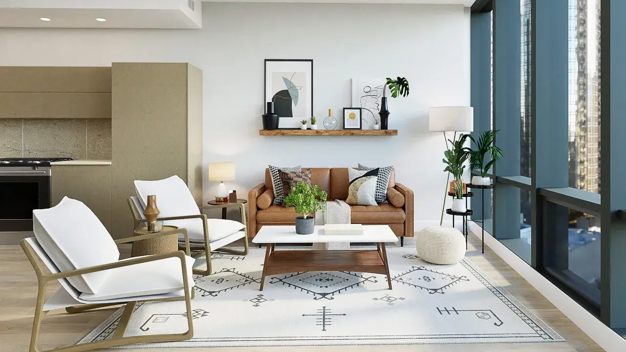 Salón moderno con sofá de cuero, sillones blancos y alfombra geométrica. Dos focos empotrados sin falso techo iluminan la estancia.