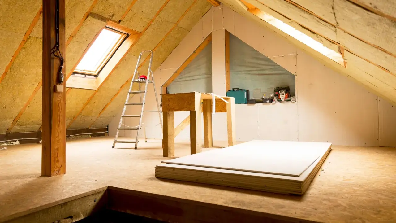 Un grenier en cours d'aménagement, avec isolation, un velux, une échelle et des plaques de plâtre.