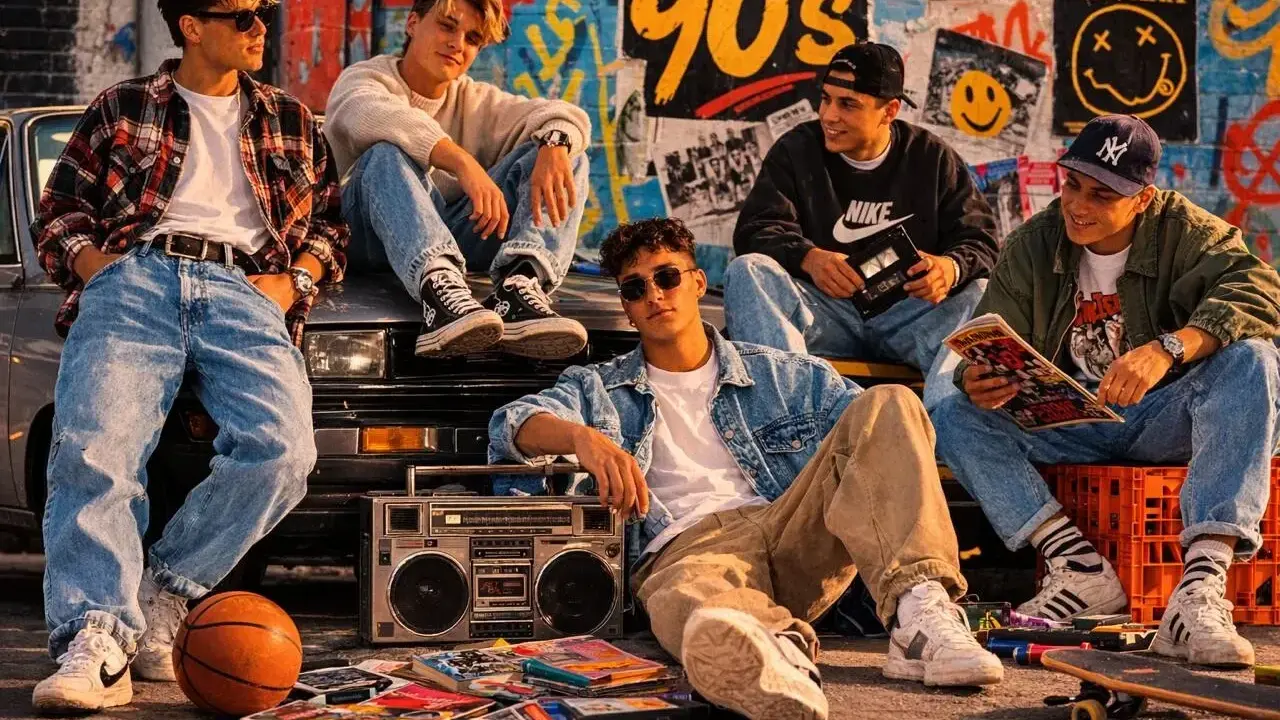 Chłopcy w stylu moda męska 2000, siedzą na samochodzie z boomboxem i kasetami.