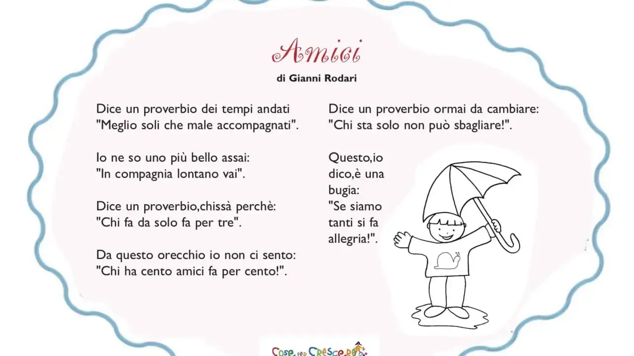 Una poesia sull'amicizia di Gianni Rodari, con un disegno di un bambino sotto l'ombrello. "Chi ha cento amici fa per cento!